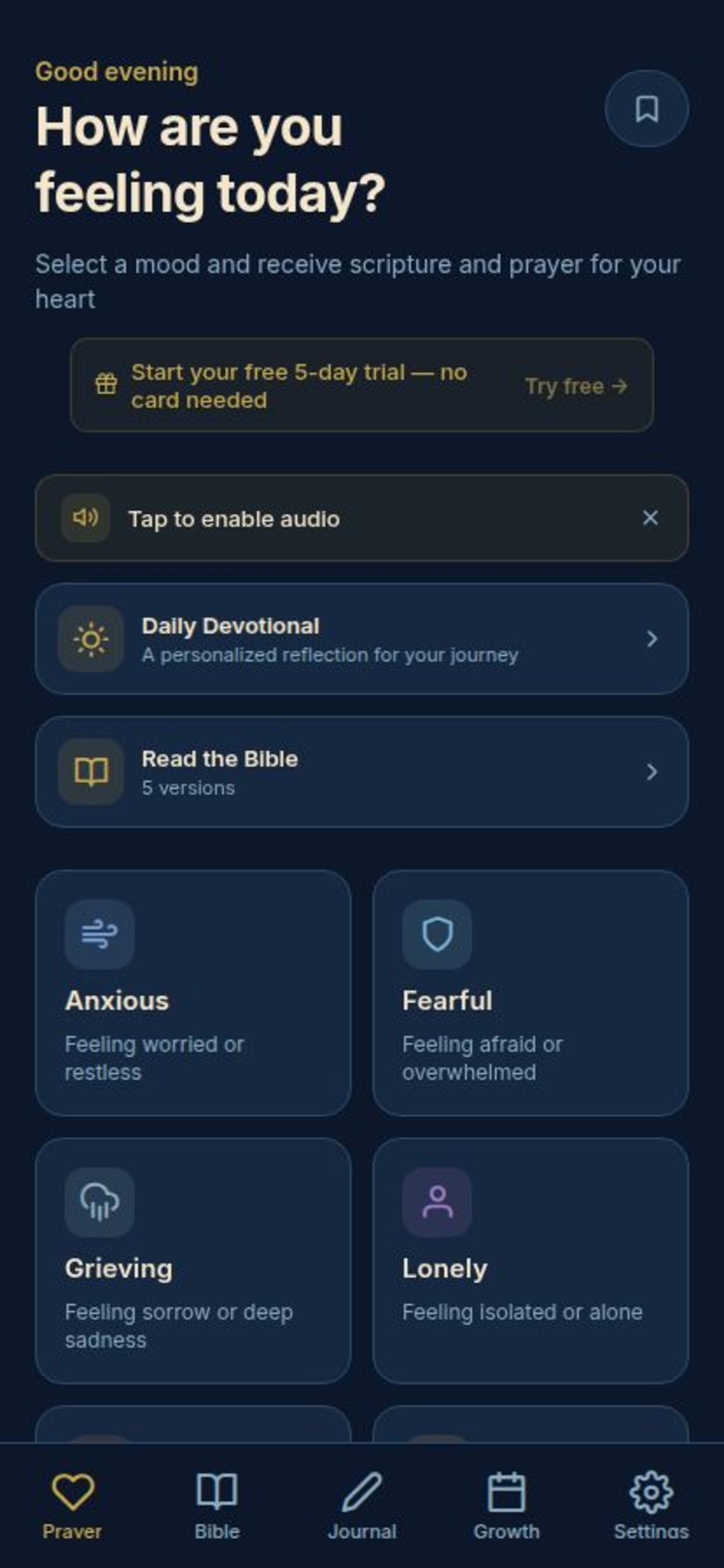 My Faithful Journal home screen with mood picker