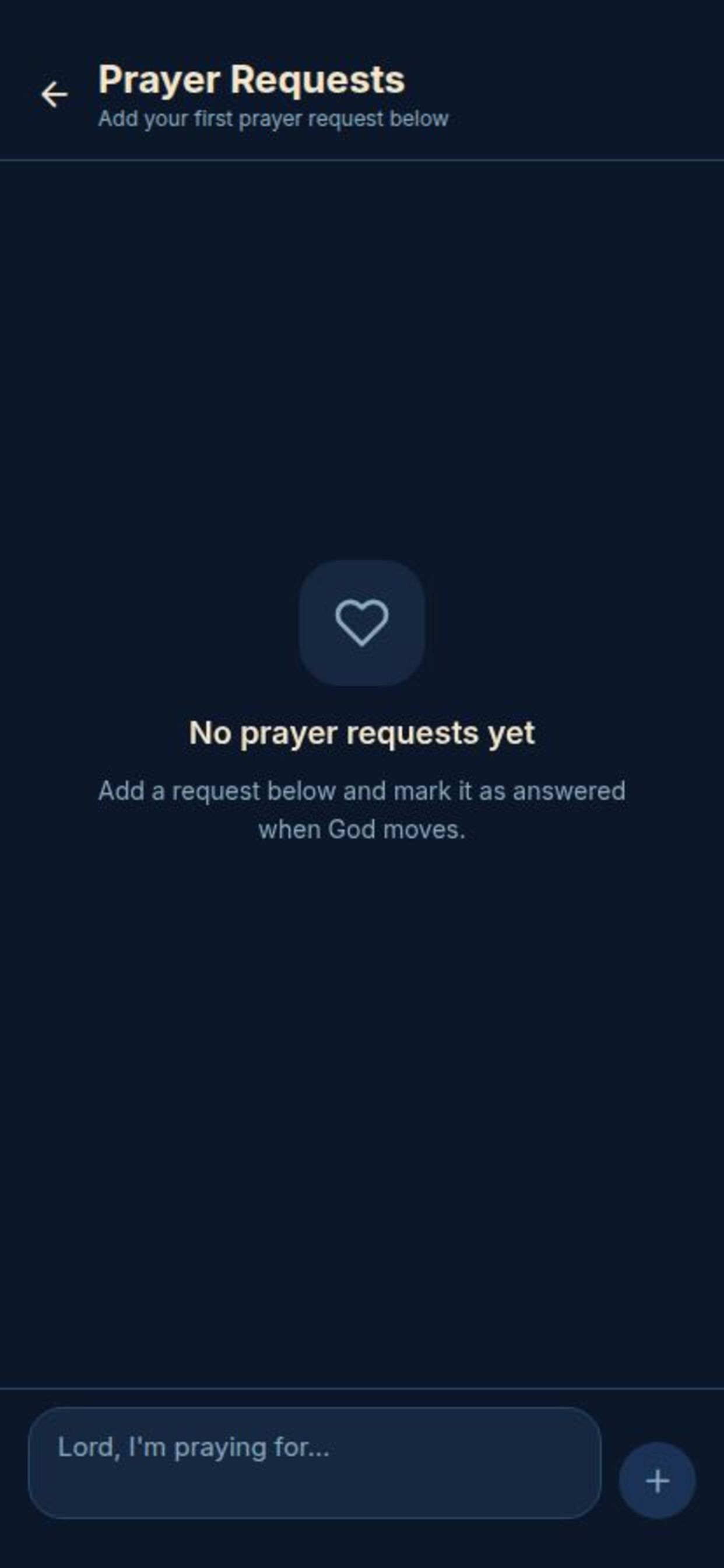 Prayer requests screen in My Faithful Journal