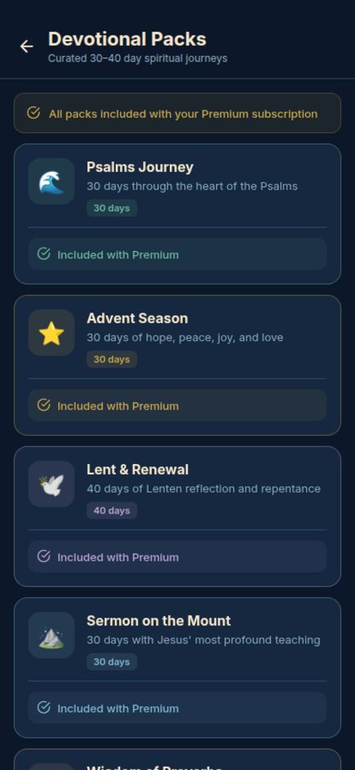Devotional packs screen in My Faithful Journal